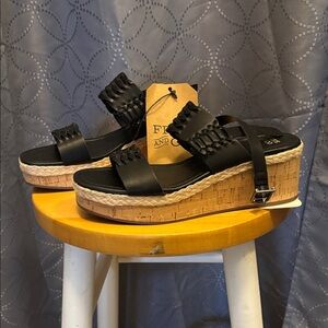 FRYE AND CO. Black Wedge Sandals with Tan Sole
